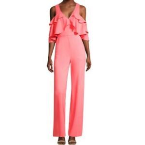 Trina Turk Josephine Ruffled Cold-shoulder Jumpsuit In Coral Lilly.Size 0